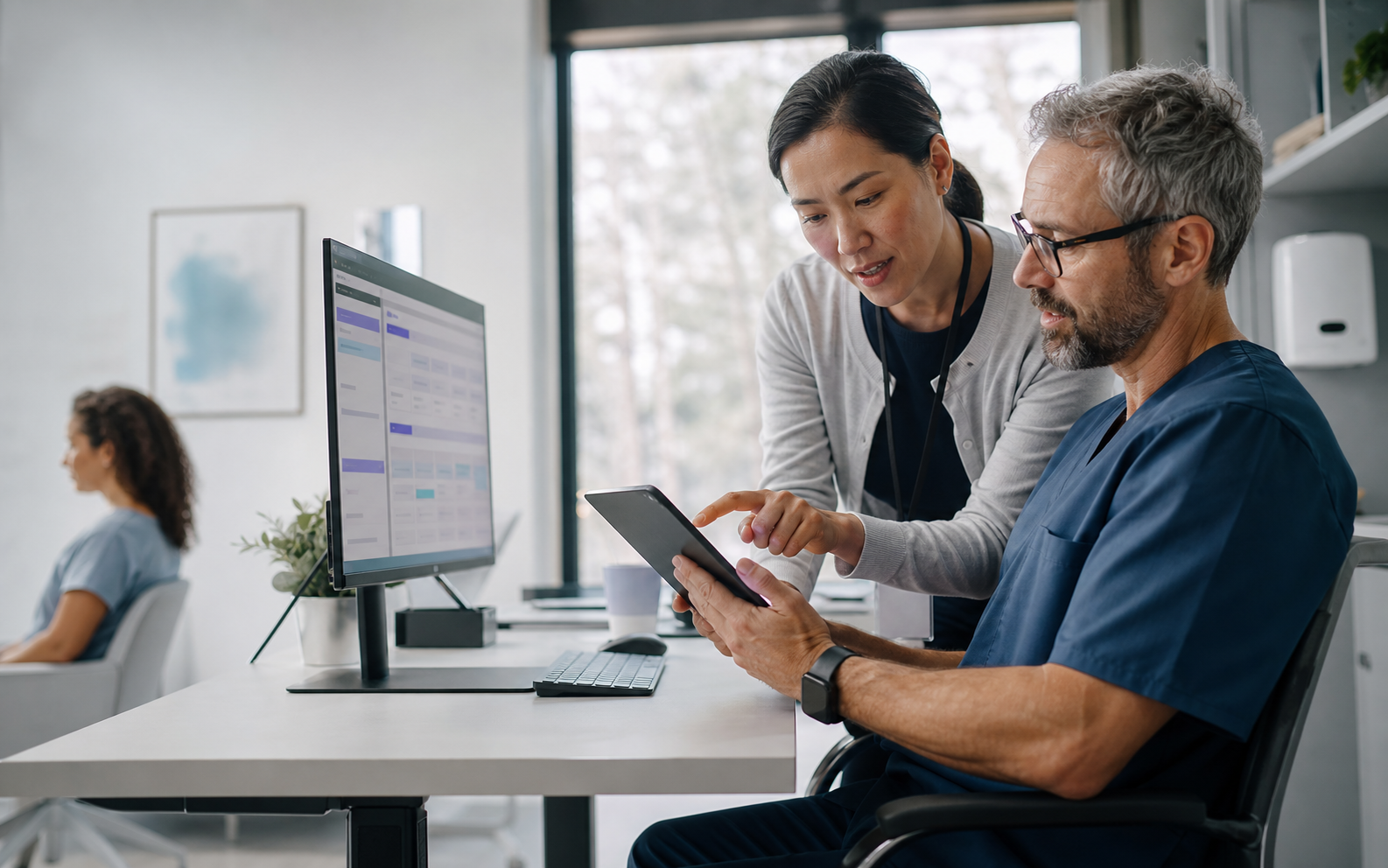 A clinician and care coordinator reviewing a digital healthcare workflow together